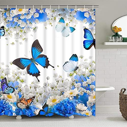 Завеса за душ Ikfashoni с Цветна пеперуда, Синята Завеса за Душа в цветенце с 12 Куки, Водоустойчив Тъканно Завеса за баня, Синьо-Бяла, 69 x 70 см