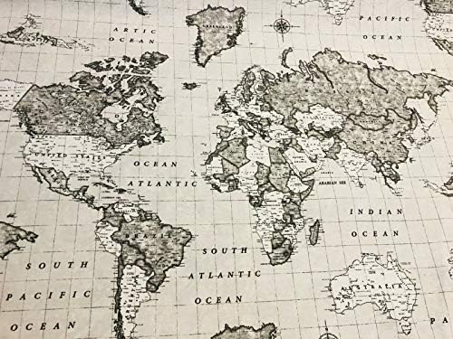Сив плат с карта на света, ретро атлас за пътуване, завеса от памук Ширина 140 см (продава се до квадратни метра)