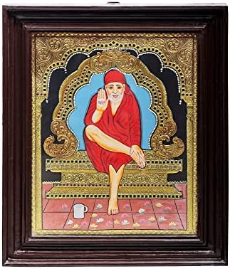 Екзотична Индийска картина Shirdi Сай Баба Танджоре | Традиционните Цветове С 24-Каратово злато | Рамка от Тиково дърво | Злато