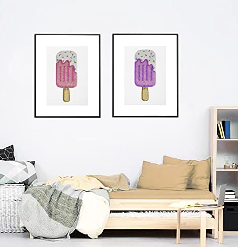 Popsicle Amore Beaute Ръчно изработени, вышитое мъниста, Поп-арт, Розов сладолед, Стенно изкуство без рамка на льне (24 x 36, синята близалка)