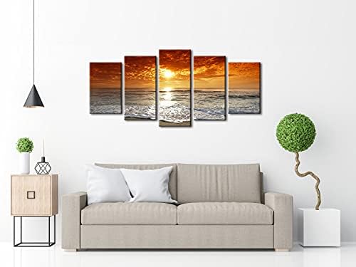 Wieco Art Grand Sight Океана Залез Печат върху Платно Монтиране на Изкуството на Морския Плаж Снимки на Фото Картини, Пейзаж, Интериор за Спални Хол Украса на Дома 5 Панели Мо
