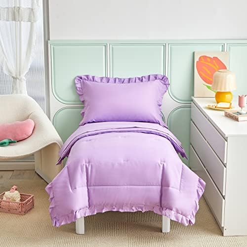 Purple Комплект спално бельо за деца от 4 теми с рюшами и Ресни, Обикновен Комплект спално бельо за деца - 1 Одеяло за деца + 1