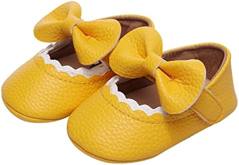 Обувки за деца; Самотни обувки за малки момичета; Обувки за първите разходки с волани и лък; Сандали за деца; Обувки на принцесата (Жълто, 6 месеца)