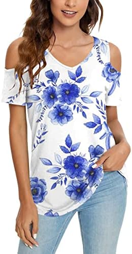 Тениска за момичета Есен-Лятото с Къс ръкав и отворени рамене 2023, Модни Памучен Риза за късна закуска с V-образно деколте и шарките