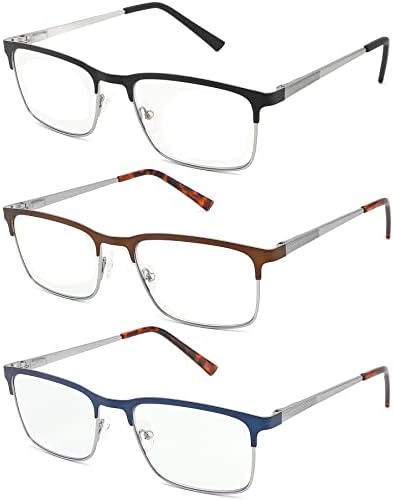 3 Опаковки Модерните Метални Очила за четене в пълна рамка за мъже, Мъжки компютърни Ридеры с Удобна кутия пролетта панти, очила