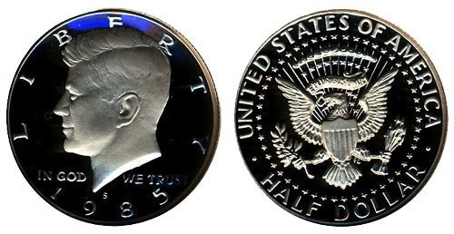 Монета Кенеди в Полдоллара от 1985 г., с Скъпоценния камък 1/2 DCAM Монетния двор на САЩ