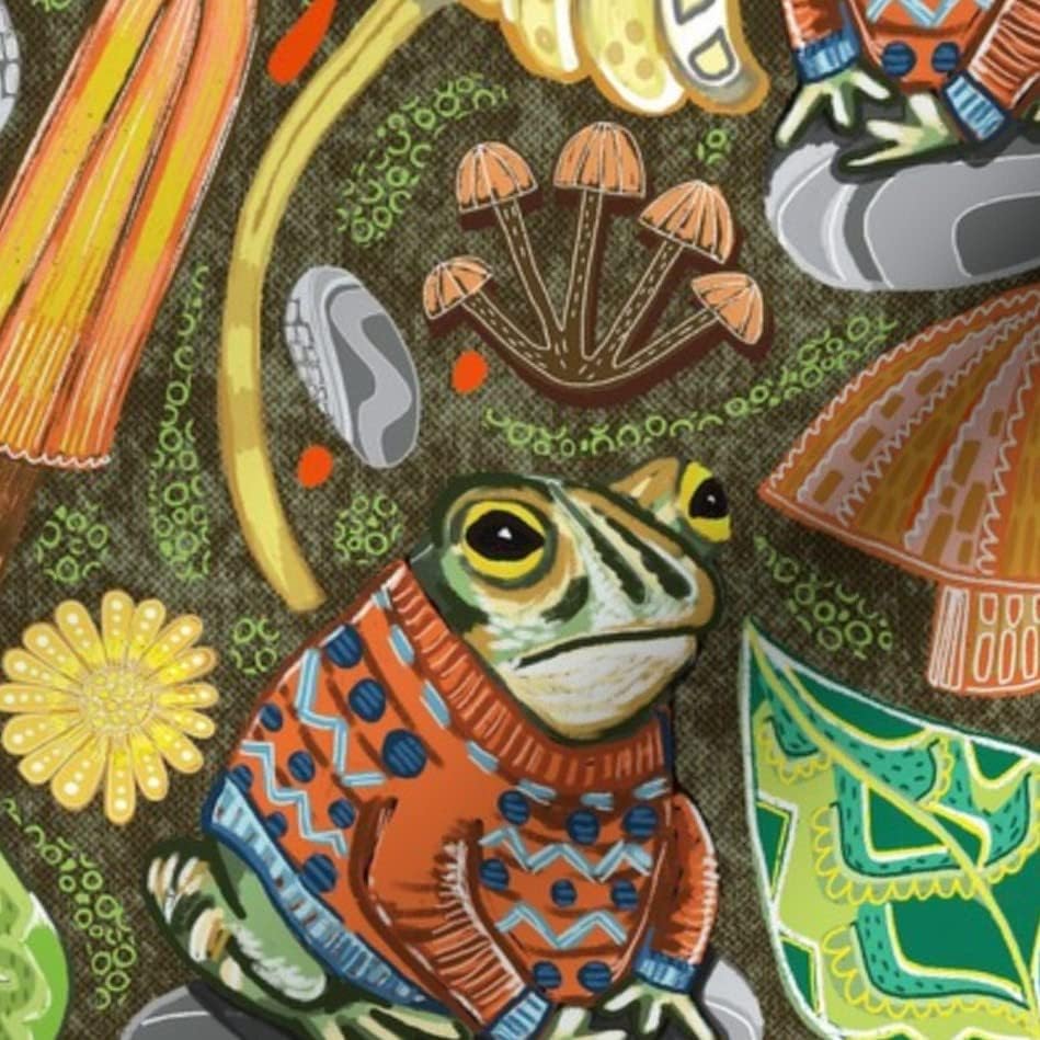 Плат Spoonflower - Странни Земноводни, жаби, крастави Жаби, Гъби в Земни Тонове, която е отпечатана върху Памучна Поплиновой тъкани